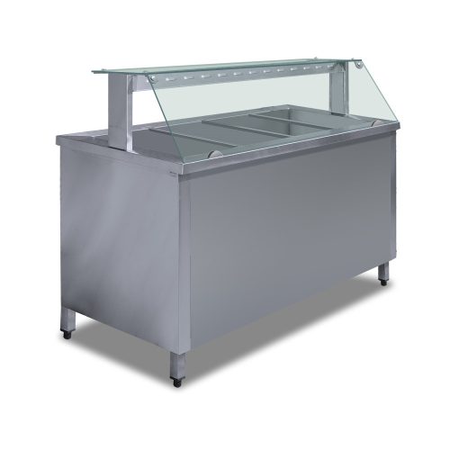 Melegentartó pult 4xGN1/1 egyenes üveges felépítménnyel 1500 mm fűtőpaplanos ipari