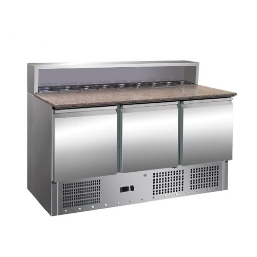 Pizzapult ipari hűtő 3 ajtós gránit fedlappal és 8xGN1/6 edényhellyel 400 liter ipari Ferrara-Cool